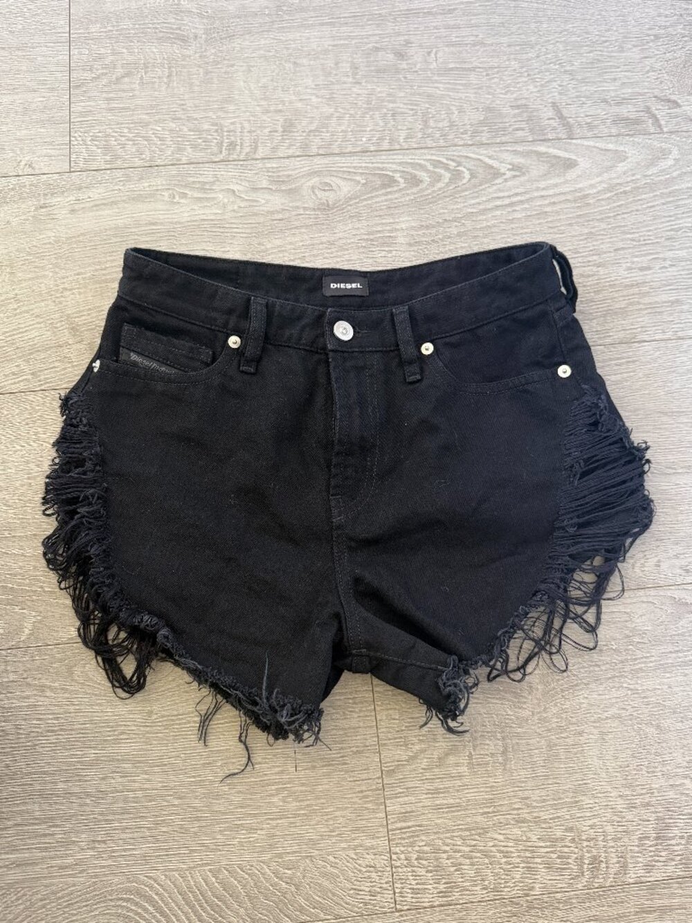 Diesel Black Distressed Fringe Denim Shorts Women’s Size 4 Festival Boho Y2K